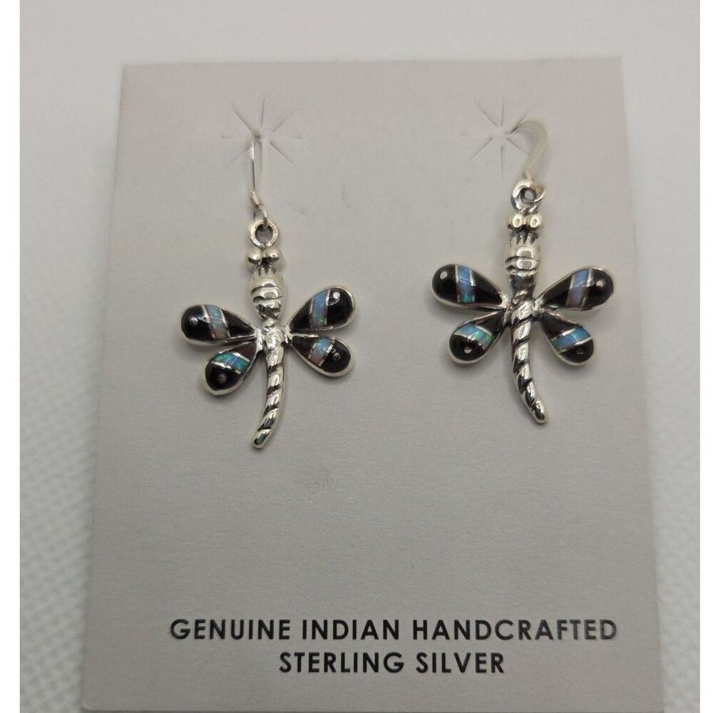 Sterling Silver Dragonfly Earrings Blue Opal Black Onyx Inlay Dangle Native